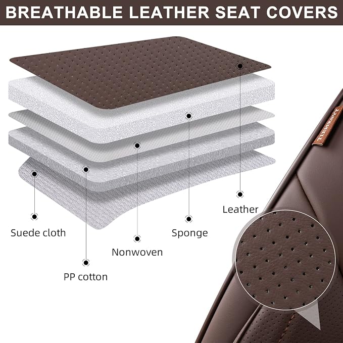 TIEHESYT Brown Car Seat Covers Full Set, Breathable Leather Automotive Front and Rear Seat Covers & Headrest for Reduce The Driving Fatigue, Compatible with Most Vehicles, Cars