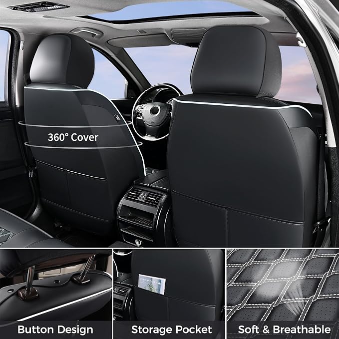 Huidasource Wrangler JK Seat Covers 4 Door, Waterproof Leather Seat Covers Full Set, Seat Cushion Protector Fit for Jeep Wrangler JK 4-Door Sahara Sport Rubicon 2007-2017(Full Set/Black&White)