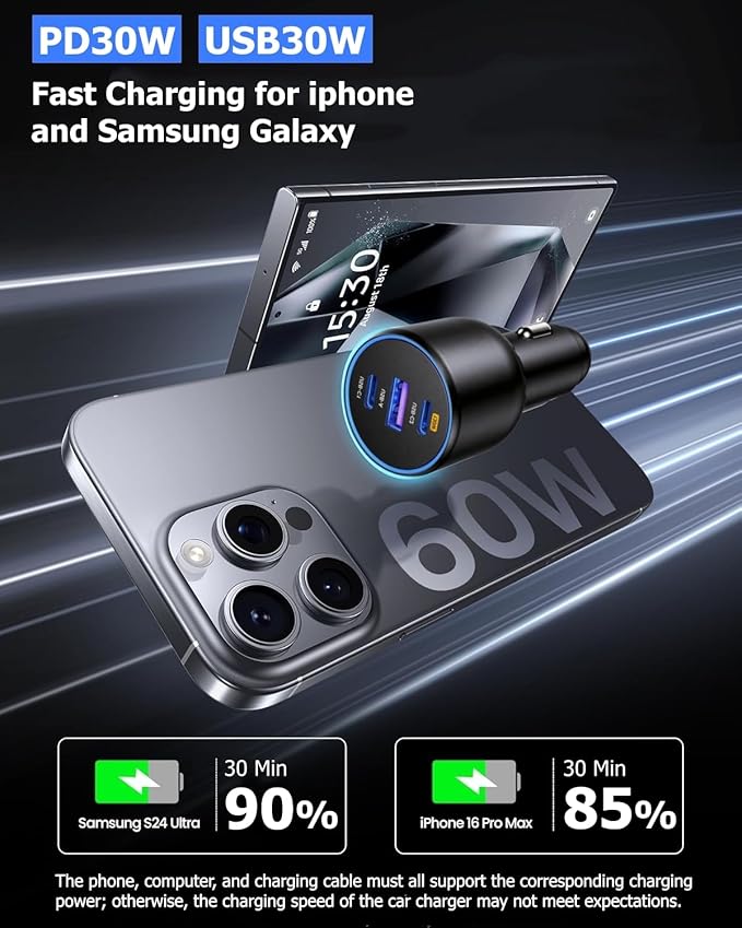 USB C Car Charger, 3-Port 130W Dual USB-C & USB-A Car Charger Adapter PD/QC Super Fast Charging Cigarette Lighter USB Charger Multi Port Car Phone Accessories Charger for iPhone 17, MacBook, Android