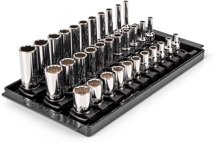 TEKTON 1/4 Inch Drive Shallow, Semi-Deep, and Deep 12-Point Socket Set with Rails and Trays, 33-Piece (5/32-9/16 in.) | SHD90123