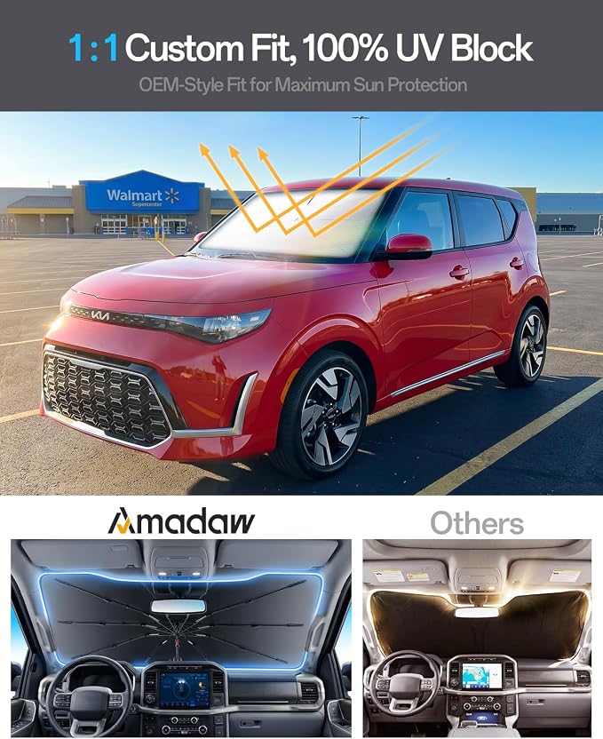 Windshield Sun Shade for Kia Soul 2010–2026, Foldable Umbrella Sunshade with 100% UV Block, Multi-Layer Heat Insulation, Reinforced 10-Rib Frame, Keeps Car Cooler, Summer Car Accessory