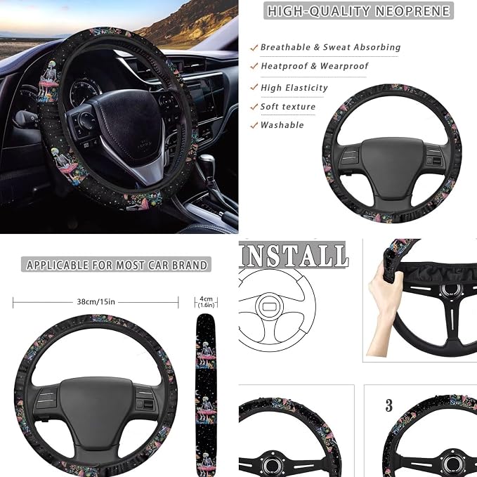 Halloween Car Accessories Car Seat Covers Full Set with Steering Wheel Covers+Seat Belt Pads+Coasters+Keychain+Lipstick Holder Universal Fit(13 Pack), Skull Mushroom Starry Night