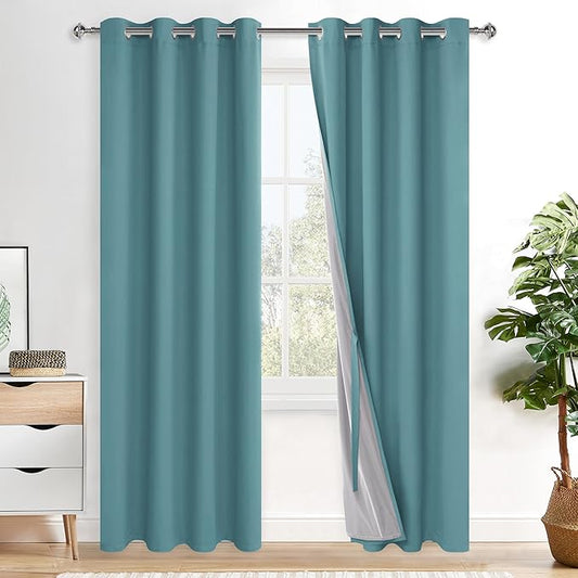 XWZO 100% Blackout Curtains - Thermal Insulated Black Liner Curtains, Noise Reducing and Heat Blocking Drapes for Hall and Studio Windows with Tiebacks, Stone Blue, W52 x L84, Set of 2