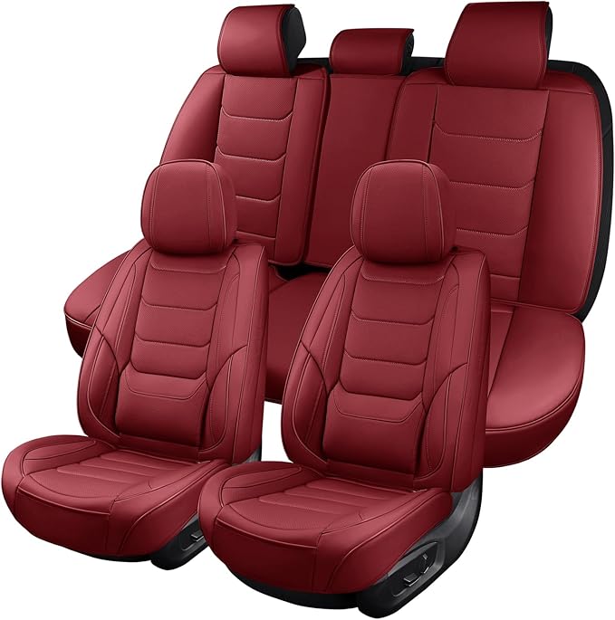 Leather Car Seat Covers Full Set Breathable Automotive Seat Covers Waterproof Seat Protectors Universal Fit for Most Automotive Cars SUV Trucks (Red, Full Set)