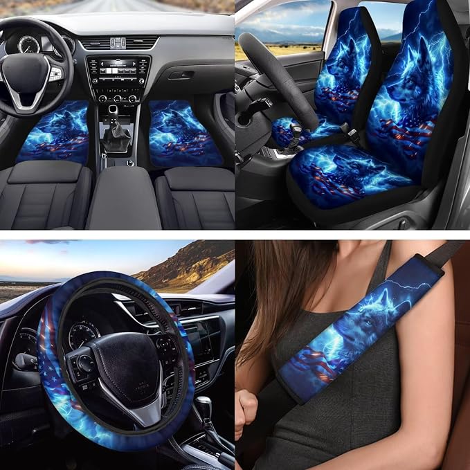 18 Pcs US Flag Wolf Lightning Car Interior Accessories Set, Car Seat Covers Full Set with Auto Floor Mats Steering Wheel Cover Armrest Pad Handle Wraps Seat Belt Pads Keychains Cup Coaster