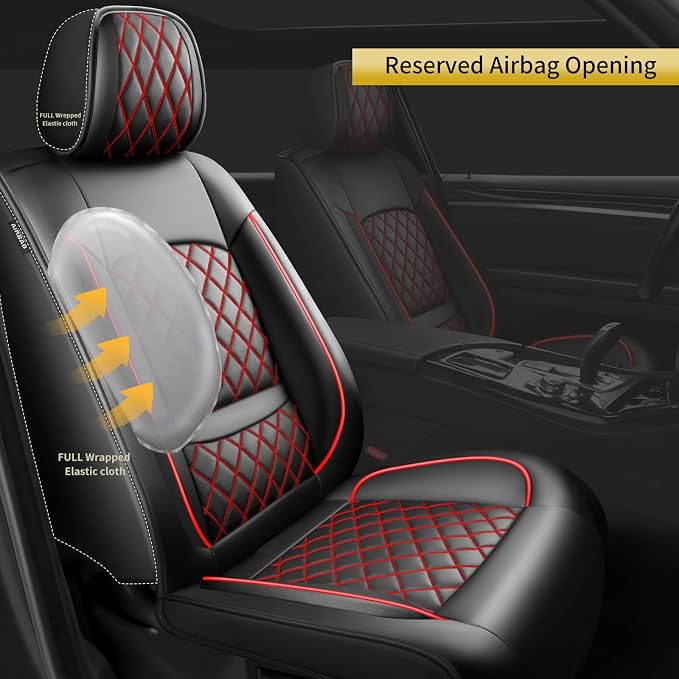 Fit Fusion Car Seat Covers for Ford Fusion 2007-2020 - Luxury Leather, Anti-Slip, All-Weather Seat Cushions, Waterproof & Breathable, Airbag Compatible, Full 5-Seat Set (Black&Red)