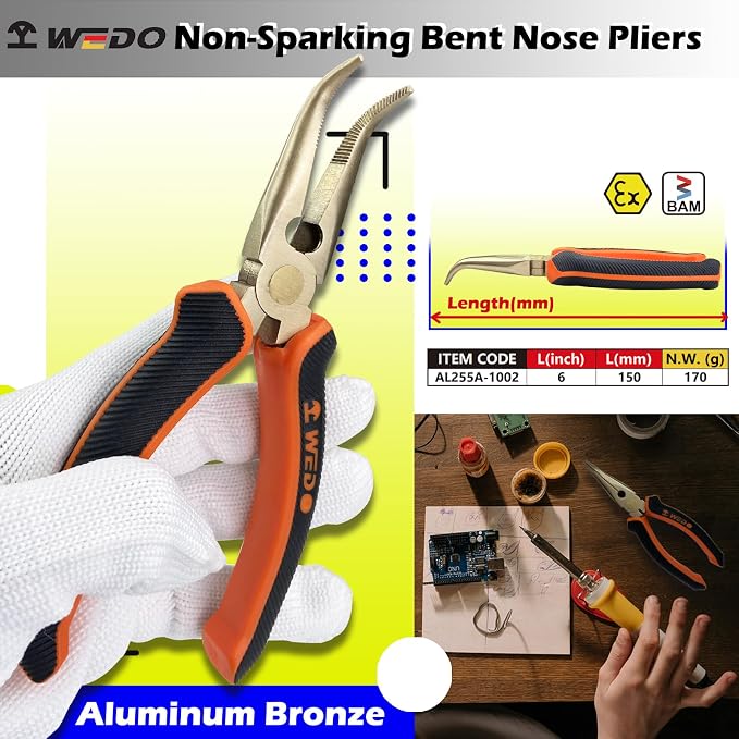 WEDO 6” Non-Sparking Bent Needle Nose Pliers 45 Degree,Long Nose Pliers,Wire Cutters,Used for Cutting Clamping Pinching Jewelry Making,Aluminum Bronze,DIN Standard,BAM&FM Certificate,Length 150mm