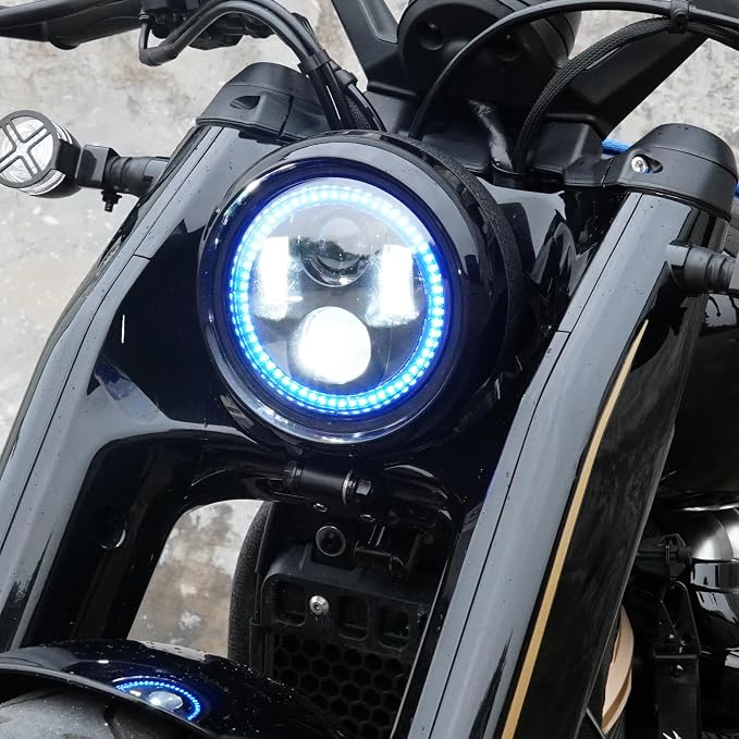 5.75inch 5-3/4 Black Motorcycle Headlight Smoked Blue Halo DRL for Indian Scout Dyna Wide Glide XL1200 XG750 883 48 Night Road Front Light