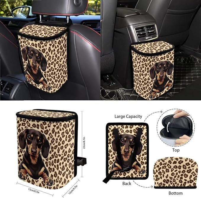 Leopard Dachshund Print Car Accessories Full Set of 15 Car Seat Covers Steering Wheel Cover Air Vent Storage Holder Seatbelt Strap Pad Cup Coasters Rear View Mirror Cover Keychain