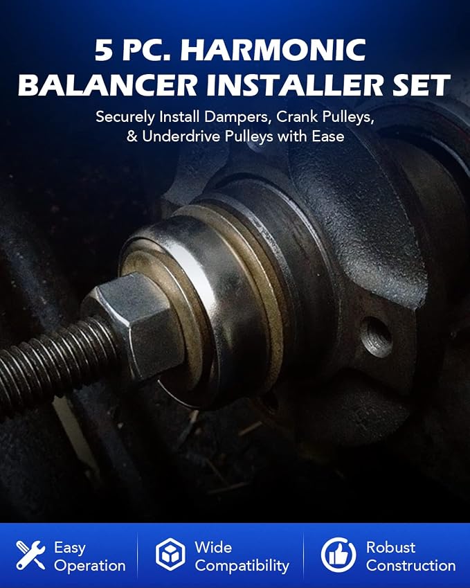 Orion Motor Tech Harmonic Balancer Installer Set, 5pc Long Reach Crank Pulley Underdrive Pulley Damper Installation Tool Kit with 4 Adapters & Nut Bearing