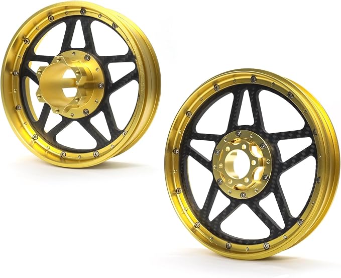 TREAL Losi Promoto MX Front and Rear Wheels(2P), CNC Machined Aluminum w Carbon Rims for Losi 1/4 FXR Motorcycle(Gold)