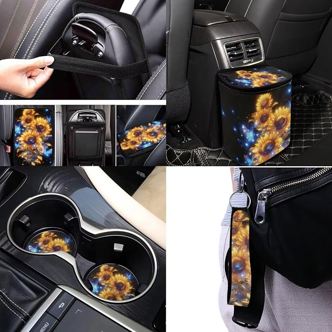 Sunflowers Car Seat Covers Full Set for Women,17 Pack Neon Sunflowers Car Aaccessories with Butterfly Vehicle Trash Bag Headrest Covers Steering Wheel Cover,Universal Fit Most Car