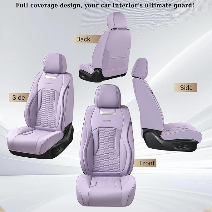 Coverado Car Seat Covers Full Set, Nappa Leather Seat Covers for Cars, Waterproof Automotive Car Seat Covers Interior Accessories Universal Fit Most Sedans, SUVs, Pick-up Trucks (Purple)