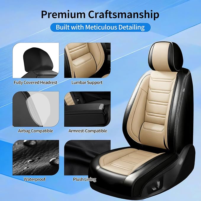 Fit Encore GX Car Seat Covers for Select Buick Encore GX 2020-2025 2026 - Full Coverage Leather, Airbag Compatible, Waterproof & All Weather Seat Cushion Protector, Front Pair Black+Beige