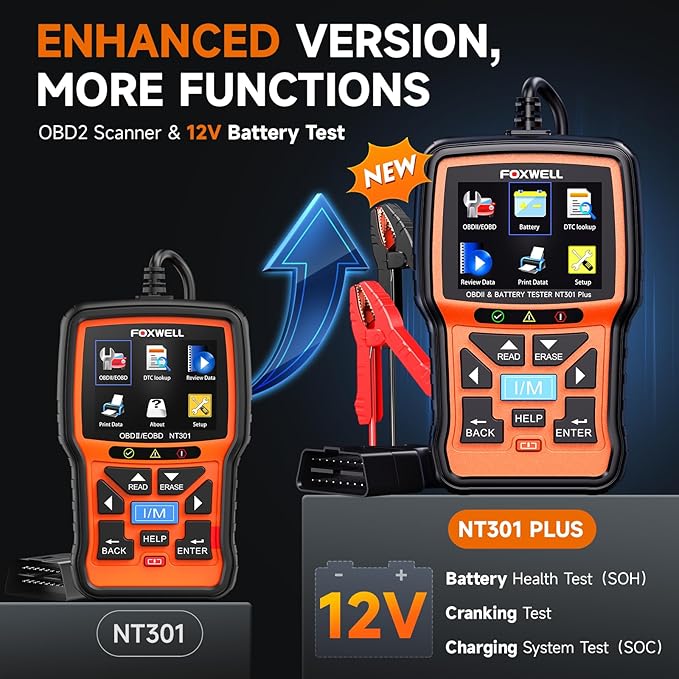 FOXWELL BT630 Bluetooth Battery Monitor with Shunt 10-120V 600A & FOXWELL NT301 Plus 2 in 1 OBD2 Scanner Battery Tester