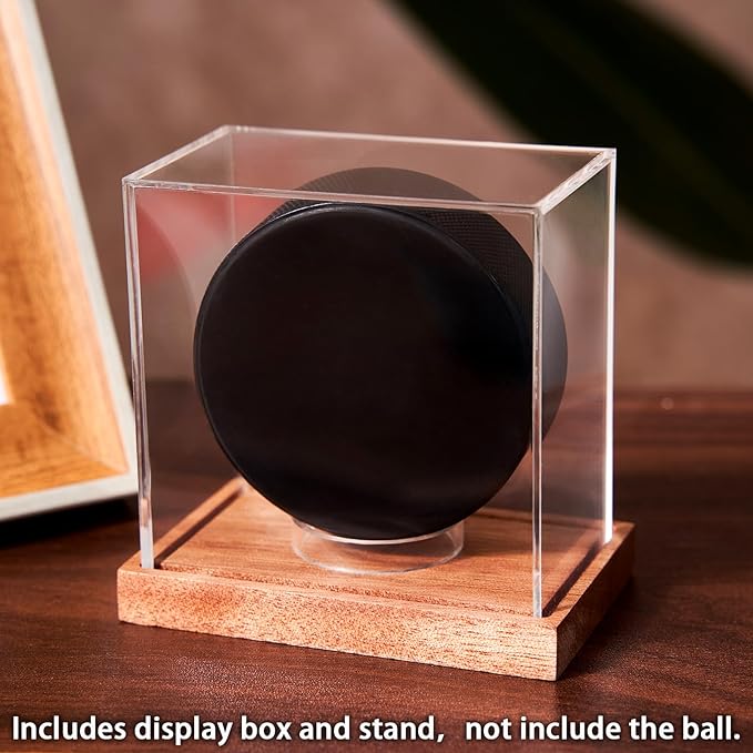 LITY Hockey Puck Display Case, No Assembly Required Acrylic Clear Holder with Wood Base, Autograph Souvenir Display Stand, Perfect Showcase for Your Collection