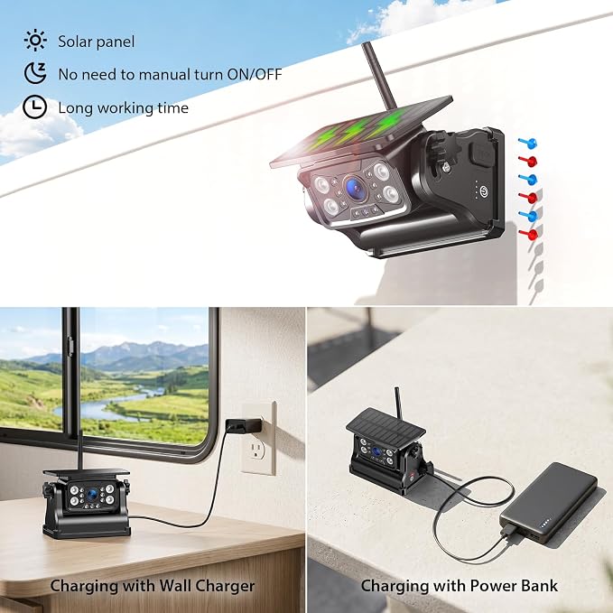 Magnetic Solar Wireless Backup Camera System, HD 1080P 7" Monitor with Rear View Camera for RV/Trailer/Fifth Wheels/Camper, Night Vision, Portable Rechargeable Battery, Loop Recording-ZEROXCLUB BS701