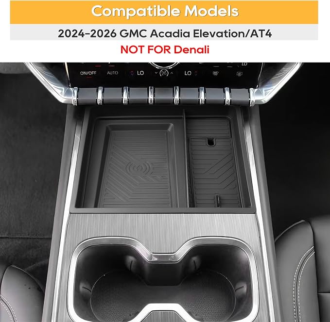 GMC Acadia Center Console Organizer 2024-2026 GMC Acadia (Elevation/AT4)-ABS Materials& TPE Wirless Mats Storage Box 2024-2026 GMC Acadia Accessories- ONLY FOR Console Without Cover- NOT FOR DENALI