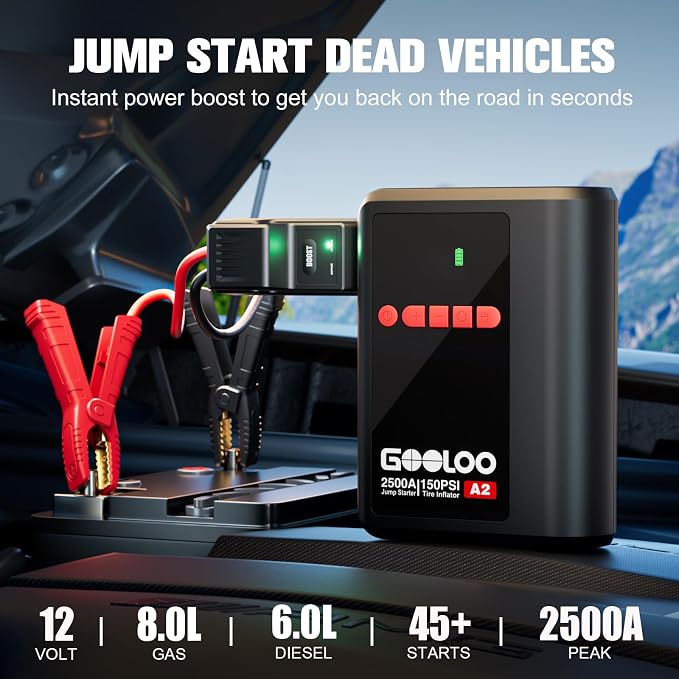 GOOLOO A2 8-in-1 Jump Starter with Air Compressor, Car Battery Booster (Up to 8L Gas/6L Diesel) 150 PSI Cordless Auto-Shutoff Tire Inflator, 12V Supersafe Lithium Jump Box with Jumper Cables