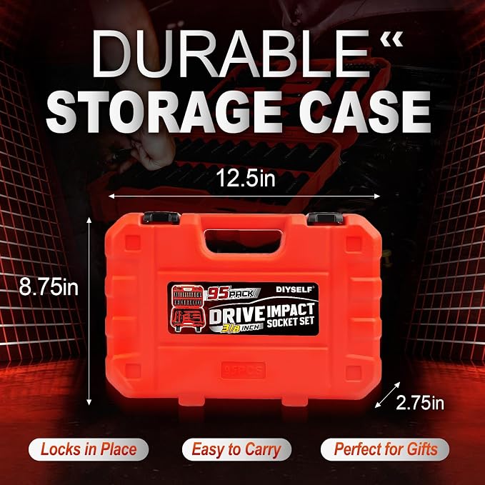 DIYSELF 3/8" Drive Socket Set, 95-Piece Impact Socket Set, SAE & Metric, Cr-V Steel 6-Point Deep & Shallow Sockets, Adapters, Ratchet Handle, Bits, Spark Plug Socket, Socket Wrench Set for Mechanic