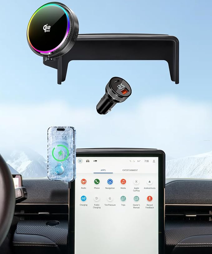 Qi2.2 25W Magnetic Car Mount Charger for 2021-2026 Ford Mustang Mach-E Accessories, for Fast Charging Cell Phone Holder 15.5 Inch Screen Fixed Clip with Cooling Fan＆54W Fast Adapter