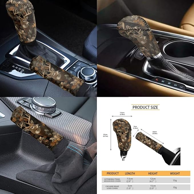 KEIAHUAN Deer Camo Hunting Car Seat Covers Full Set Front Rear Seat Covers Handbrake and Gear Shift Knob Cover,Headrest Covers,Steering Wheel Cover,Head Rest Cover,Coasters 11 PCS