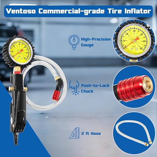 Ventoso Tire Inflator with 60 PSI Gauge, 2 ft Hose, Push-to-Lock Chuck, Commercial Grade