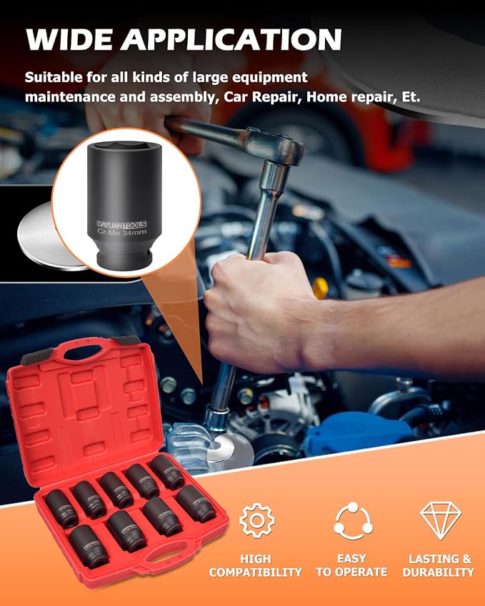 DAYUAN 9 Pcs Axle Nut Hub Impact 1/2" Drive Socket Bundle with Ball Joint Press & U Joint Removal Tool Kit Bundle with 5pcs Professional Front End Service Tool Kit