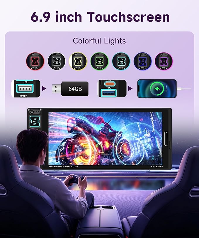 Car Stereo Single Din CarPlay Android Auto, 1 Din Car Radio Bluetooth 5.2, 6.9" IPS Touchscreen Car Radio with Backup Camera, Mirror Link, SWC, FM/EQ, USB & Type-C