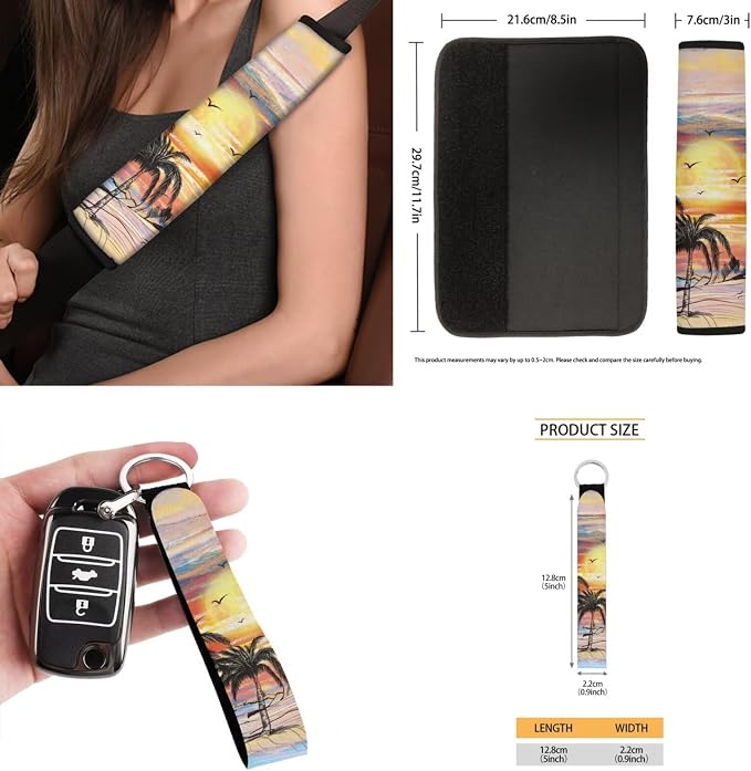 Sunset Tropical Palm Car Seat Cover Full Set Automotive Steering Wheel Covers Auto Seatbelt Pads Coaster Trash Can Rear View Mirror Cover Car Coasters Keychain 15 Packs