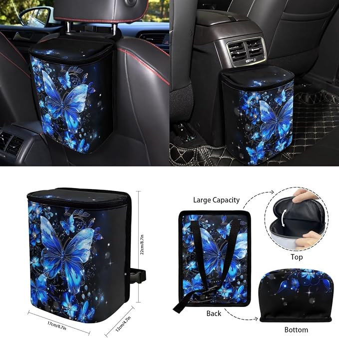 Blue Butterfly Car Seat Covers Full Set for Women Cute Car Accessories Interior Car Steering Wheel Cover Seatbelt Covers Trash Bin Rear View Mirror Cover Cup Holders Keychain
