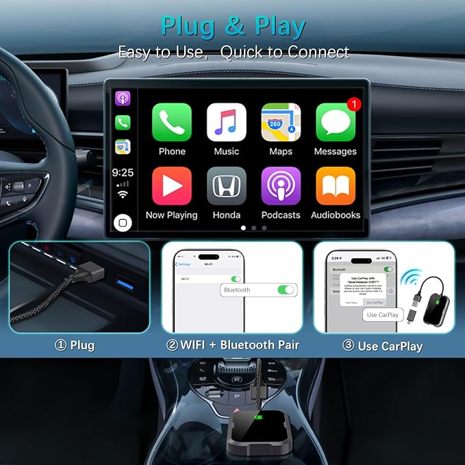 Wireless Carplay Adapter - Mini Car Play Wireless Adapter, Plug & Play Carplay Dongle Compatible with Apple iPhone 6+/iOS10+ & Cars Built-in CarPlay