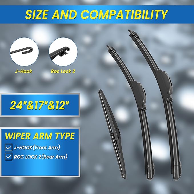 Gavimnal® 24"+17"+12" Windshield Wiper Blades Replacement For Toyota RAV4 2006 2007 2008 2009 2010 2011 2012,All-Season Front Rear Wiper Blades(Set of 3)