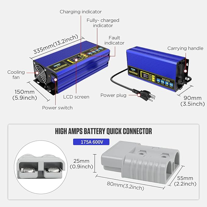 24V 30A Smart Fast Battery Charger – Fully Automatic Heavy-Duty Charger for Golf Cart, Forklift, Floor Scrubber | 200AH-300AH Lead-Acid Batteries with Cooling Fan & Overheat Protection
