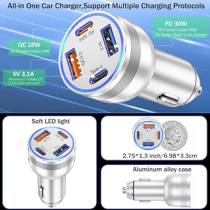USB C Fast Car Charger, 65W 4-Port Dual USB-C & USB-A Multiport Car Phone Charger Adapter,Fast Charging Cigarette Lighter Adapter Truck Car Accessories for iPhone 17/16/15 Pro Max,Samsung,iPad,Pixel