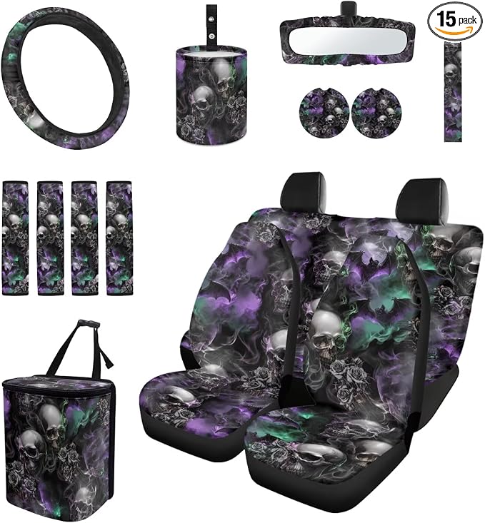 Goth Skull Car Seat Covers Set of 15 with Universal Steering Wheel Cover, Rearview Mirror Cover, Car Trash Can, Seatbelt Pads, Cup Holder Coasters, Keychains