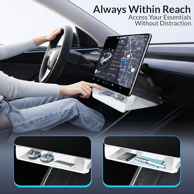 Tesla Model Y Under Screen Organizer (2021-2024) & Model 3 (2017-2023) – Hidden Center Console Storage Tray, Anti-Slip Silicone, ABS Interior Accessory - White