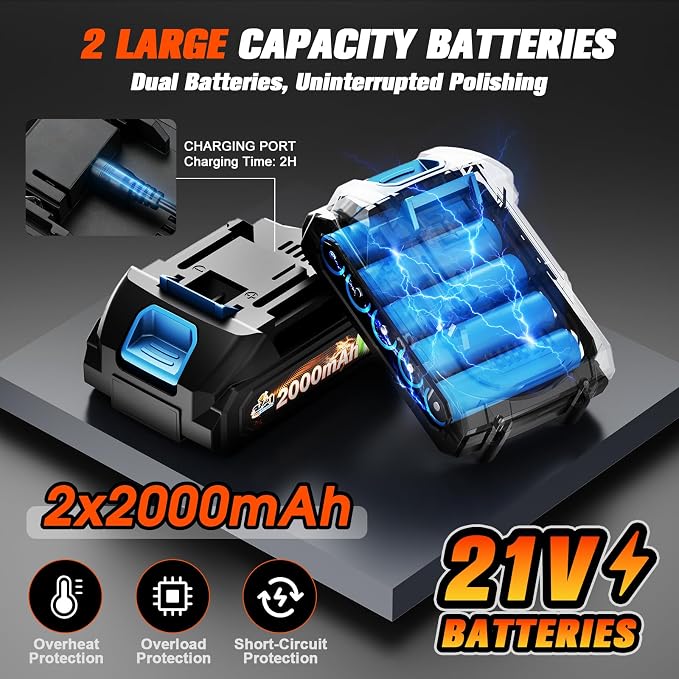 Cordless Car Buffer Polisher kit, 21V Dual 2000mAh Batteries, 8-Speed Orbital Polishing Machine with LED Display, 18PCS Kit for Car Detailing, Wax & Scratch Repair