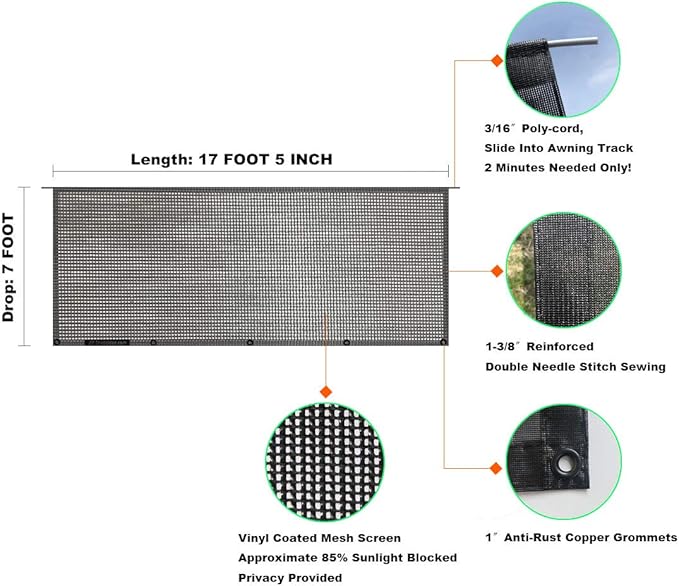 Shadeidea RV Sun Shade Screen for Awning - 7' X 17' 5'' Black Mesh Sunshade Motorhome Camping Trailer UV Sunblocker Canopy Sunscreen - 3 Year Warranty