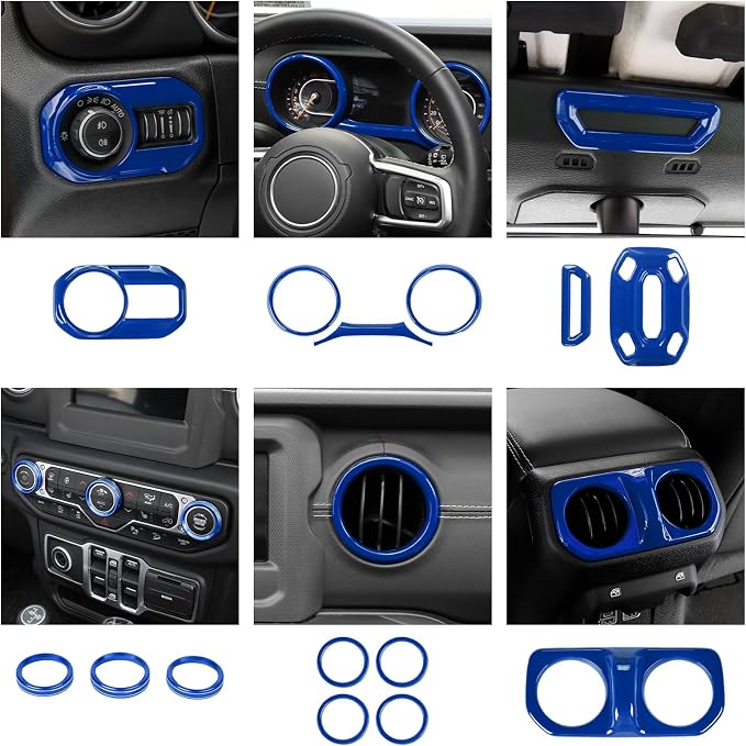 CheroCar Blue 20PCS Interior Trim Kit for Jeep Wrangler JL JLU & JT Gladiator 2018-2023,Dashboard,Steering Button Frame,AC Switch,Roof Speaker,Reading Light,Headlight Switch,Rear Air Vent Trim