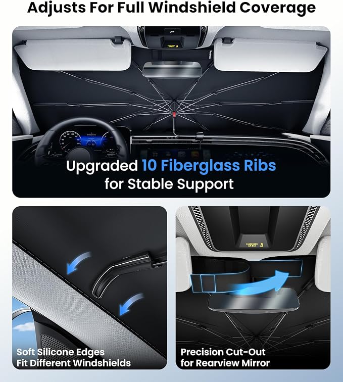 Zanch 2026 Upgraded Car Windshield Sun Shade [Cool Down by 75℉ ] with Heat Insulation Coating, Foldable Sunshade Umbrella Flexible Handle & Ribs, Medium (57''x32'') for Car, SUV, Truck, Van