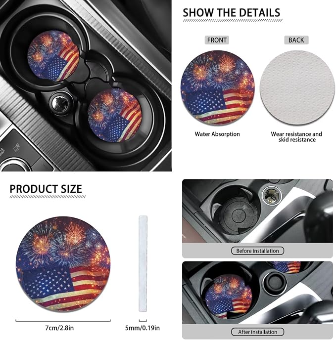 Wanyint Car Seat Covers Full Set 12 Pieces, with Steering Wheel Seat Belt Covers Armrest Pad Handbrake Gear Shift Knob Cover Cup Coaster Universal Fit for 4th of July, American Flag Fireworks