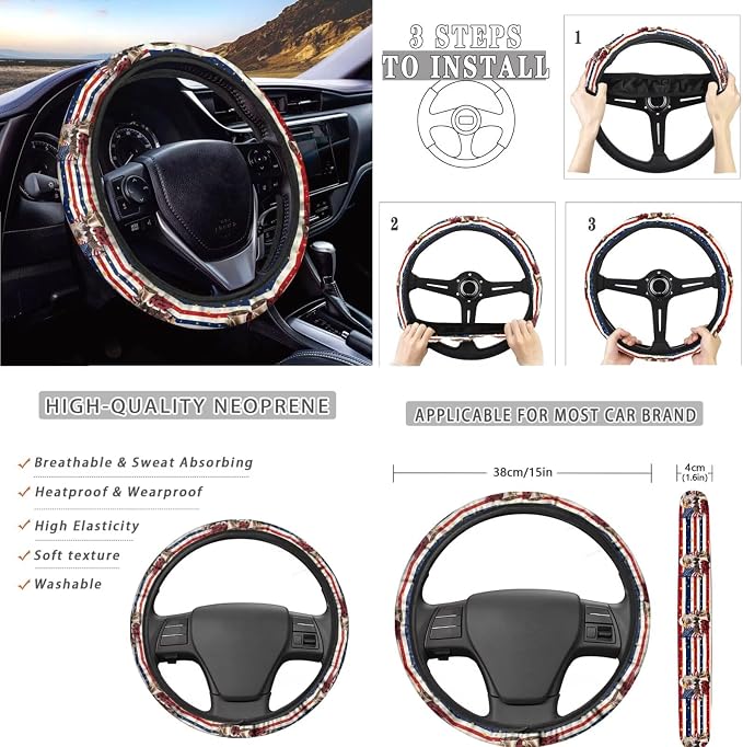 AFPANQZ 250th Eagle Stripe 11 Pieces Auto Accessories Set with Seat Covers Full Set with Hand Brake Cover Gear Shift Knob Cover Seat Belt Pads Car Coaster Steering Wheel Cover