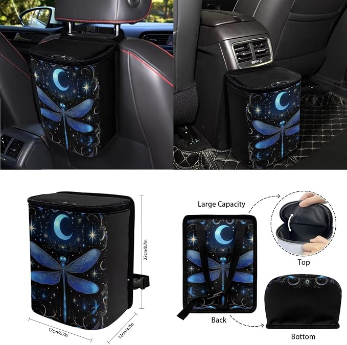 Moon Dragonfly Car Seat Covers Full Set 15 Pcs Universal Car Accessories Steering Wheel Cover Seat Belt Pads Garbage Bag Car Headrest Pillow Covers Armrest Pad
