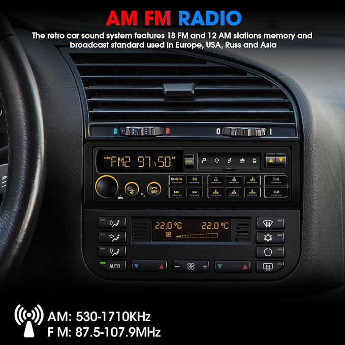 Single Din Retro Car Radio: European Style Stereo for Classic Vehicles - Bluetooth FM AM USB SD AUX USB-C Fast Charge 4-CHN 2 Subwoofer Outputs SWC
