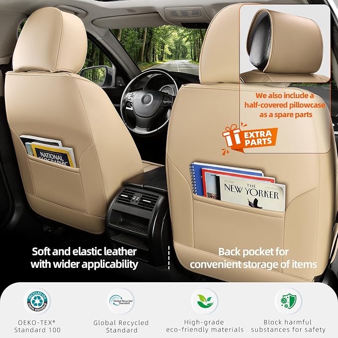 Universal 5-Seater Waterproof Breathable Nappa Leather Car Seat Covers Full Set, Fit for Front Rear Seats, Compatible with Hy-undai Sonata, To-yota Camry, Fo-rd F-150, Fit Most Sedans SUV Beige