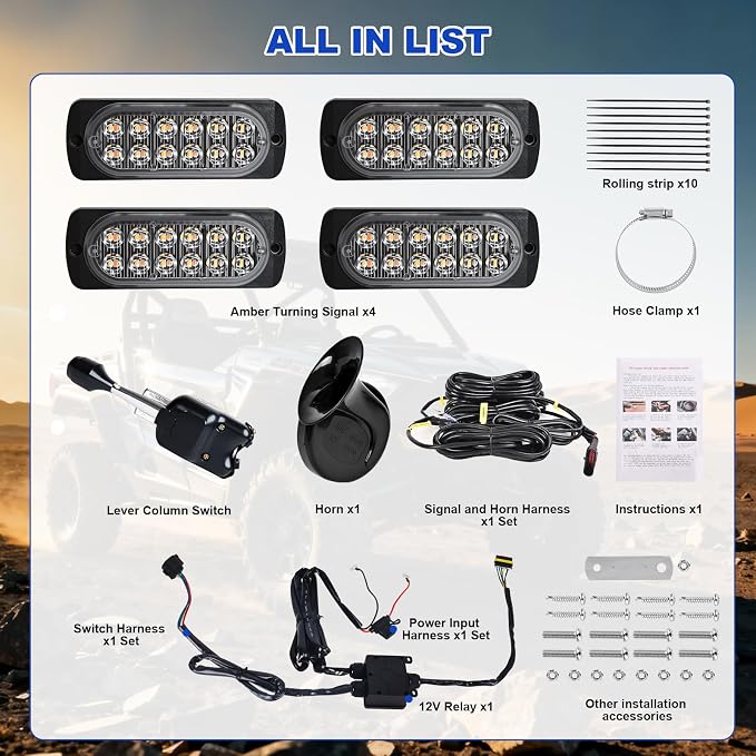 UTV Turn Signal Kit with Lever Column Switch and Dual Row 12 LED Beads Amber Light