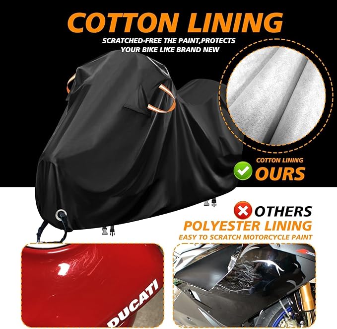 Motorcycle Cover Waterproof Outdoor,Cotton Fleece Lining and Heavy Duty Polyester Fabric Dirt Bike Cover,Scratch-Proof and Weatherproof,with Air Vent,Lock Holes,Fit for Harley,Honda,Yamaha,104x41x50