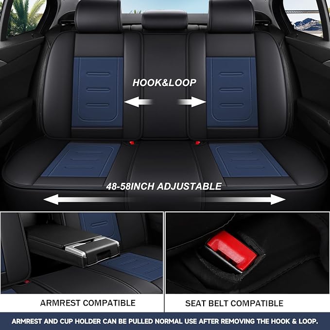otoez Nappa Leather Car Seat Covers Full Set, Breathable Leather Automotive Seat Covers Front & Rear Seat Protectors with Lumbar Support, Universal Fit for Most Cars SUV Truck Sedan (Black+Blue)