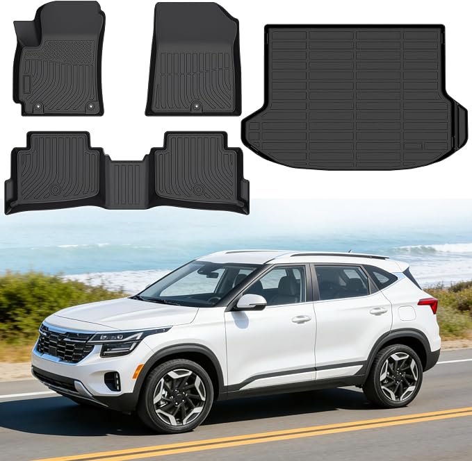 Floor Mats for Kia Seltos 2021-2025, Heavy Duty TPE All Weather Protection, Waterproof Non-Slip Black Car Liners for S | LX丨EX丨SX丨X-Line (Two-Row Floor Mats & Cargo Liner)